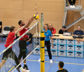 Germany ,Eltmann, Georg Schäfer Halle - 24 Oct 2026 - 2.Bundesliga, Volleyball - CERATONIA Volleys Eltmann – SV Schwaig
Image: (fLTR) Melf Urban (VC Eltmann, #10) and Aaron Neumann (VC Eltmann, #42), blocking a spiked ball.