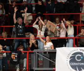 Germany ,Eltmann, Georg Schäfer Halle - 24 Oct 2026 - 2.Bundesliga, Volleyball - CERATONIA Volleys Eltmann – SV Schwaig
Image: Fans of Benedikt Gerken (VC Eltmann, #13) travel 5 hours from Hanover to cheer him on in the derby.